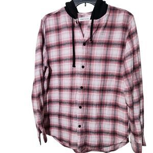 Pacsun Shacket Sweater Size Small Pink Front Buttons plaid hooded,